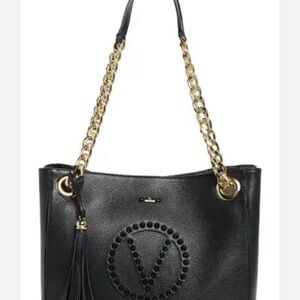 Black Leather Tote Bag with Gold Chain